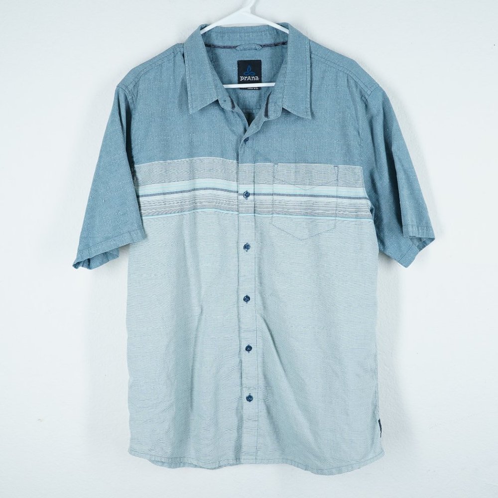 PRANA Mens Size XL Striped Button Down Short Sleeve Camp Shirt Gray Cotton Blend